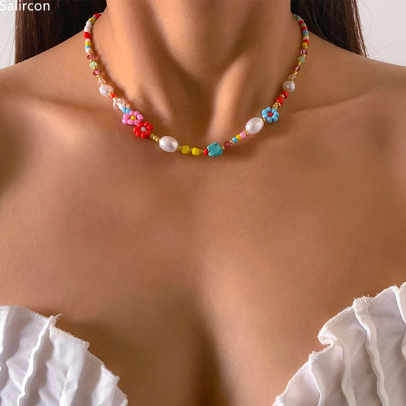 Baroque Simulated Pearls Cute Flowers Colorful Hand-woven Beaded Short Clavicle Chain Choker Necklace For Women Girls Jewelry