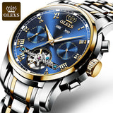 OLEVS Automatic Mechanical Men Watches Stainless Steel Waterproof Date Week Green Perpetual Calendar Classic Luxury Wrist Watch