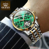 OLEVS Automatic Mechanical Men Watches Stainless Steel Waterproof Date Week Green Perpetual Calendar Classic Luxury Wrist Watch