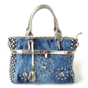 iPinee Summer 2022 Fashion womens handbag large oxford shoulder bags patchwork jean style and crystal decoration blue bag