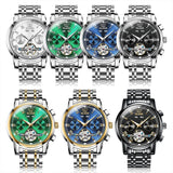 OLEVS Automatic Mechanical Men Watches Stainless Steel Waterproof Date Week Green Perpetual Calendar Classic Luxury Wrist Watch