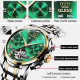 OLEVS Automatic Mechanical Men Watches Stainless Steel Waterproof Date Week Green Perpetual Calendar Classic Luxury Wrist Watch