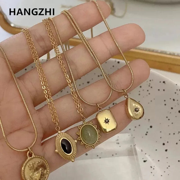 HangZhi 2021 New Korean Vintage Water Drop Star Round Bear Oval Pendant Necklace Geometric Gold Color Titanium Steel Jewelry