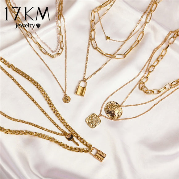 17KM Fashion Multi Layer Lock Portrait Pendants Necklaces For Women Gold Metal Key Heart Necklace New Design Jewelry Gift - Boom Boom London