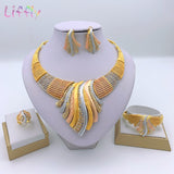 Liffly African Bridal Dubai Jewelry Sets Crystal Big Necklace Earrings Ring Bracelet Nigerian Women Fashion Wedding Gold Jewelry - Boom Boom London