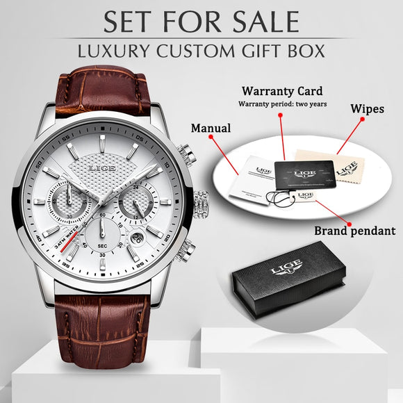 LIGE Top Brand Luxury Fashion New Leather Strap Quartz Men Watches Casual Date Business Male Wristwatches Homme Montre Clock+Box - Boom Boom London