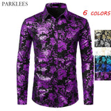 Purple Mens Floral Bronzing Shirt Men Shiny Flower Men Shirt Luxury Fashion Party Mens Dress Shirts Casual Club Camisa Masculina - Boom Boom London