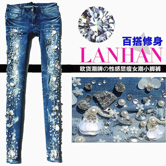 Fashion Vintage Plus Size Women Luxury Embroidered Flares Diamond Denim Jeans Women Beaded Skinny Slim Fit Stretch Pencil jeans - Boom Boom London