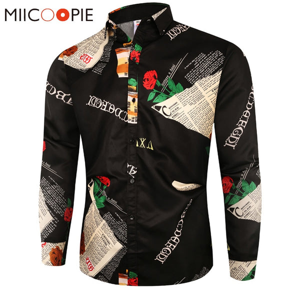 Rose Flower Letter Print Mens Floral Shirts Luxury Causal Camisas Manga Larga Hombre Slim Fit Chinese Black Shirt Men Cloting - Boom Boom London