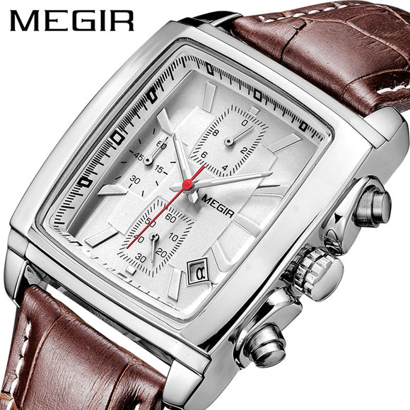 MEGIR Original Watch Men Top Brand Luxury Rectangle Quartz Military Watches Waterproof Luminous Leather Wristwatch Men Clock - Boom Boom London