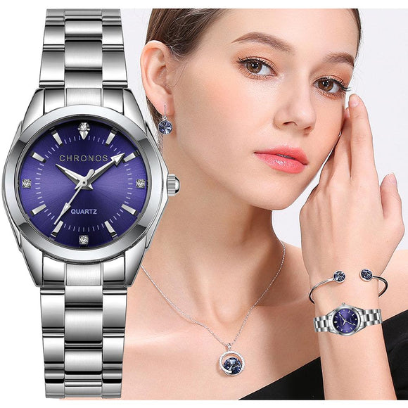 CHRONOS Women Stainless Steel Rhinestone Watch Silver Bracelet Quartz Waterproof Lady Business Analog Watches Pink Blue Dial - Boom Boom London