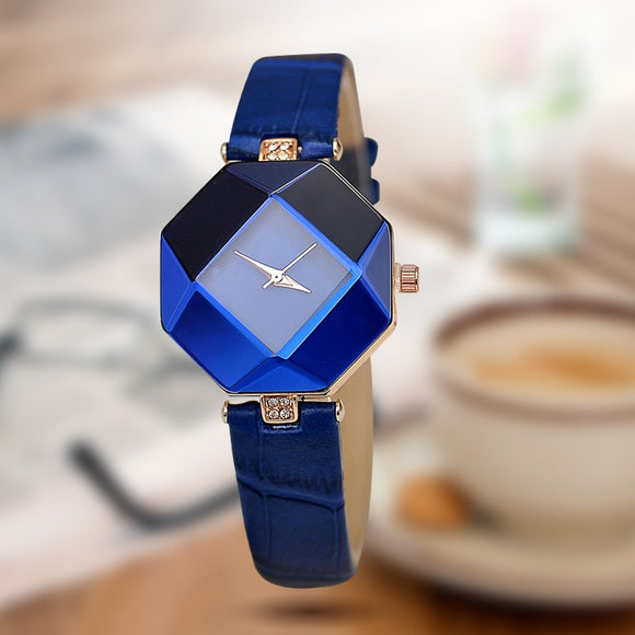 Women Watches Gem Cut Geometry Crystal Leather Quartz Wristwatch Fashion Dress Watch Ladies Gifts Clock Relogio Feminino 5 color - Boom Boom London