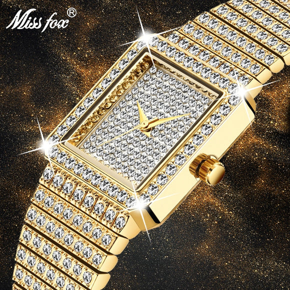 MISSFOX Diamond Watch For Women Luxury Brand Ladies Gold Square Watch Minimalist Analog Quartz Movt Unique Female Iced Out Watch - Boom Boom London