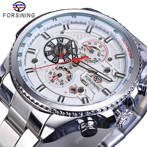 Forsining Three Dial Calendar Stainless Steel Men Mechanical Automatic Wrist Watches Top Brand Luxury Military Sport Male Clock - Boom Boom London