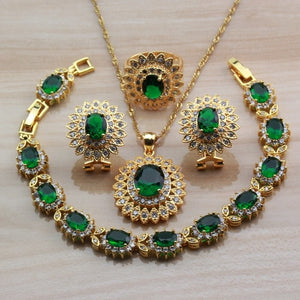 Dubai Yellow Gold Color Jewelry Sets For Women Fashion Accessories Green Cubic Zircon Big Flower Sets - Boom Boom London