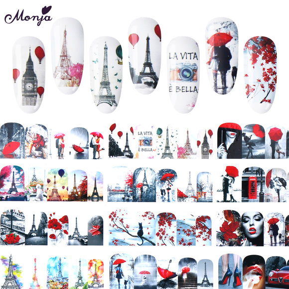 Monja 12 Sheets Nail Art Full Cover Water Transfer Stickers Couple Maple Eiffel Tower Pattern Romantic Decal Manicure Decoration - Boom Boom London