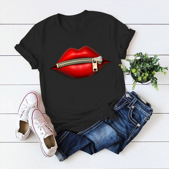 Fashion Women's Casual Sequins Red Lip T-Shirt Short Sleeve T-Shirts 2020 Vintage Creativity zipper Lips T-Shirt,drop ship - Boom Boom London