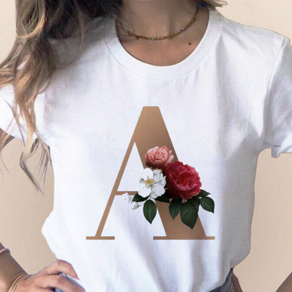 Custom name letter combination women's High quality printing T-shirt Flower letter Font A B C D E F G Short sleeve Clothes - Boom Boom London