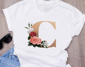 Custom name letter combination women's High quality printing T-shirt Flower letter Font A B C D E F G Short sleeve Clothes - Boom Boom London