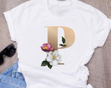 Custom name letter combination women's High quality printing T-shirt Flower letter Font A B C D E F G Short sleeve Clothes - Boom Boom London