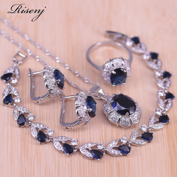 Risenj Jewelry Blue Rhinestone White CZ  Silver Color Jewelry Set For Women Earrings Ring Necklace Bracelet Set Fast Ship