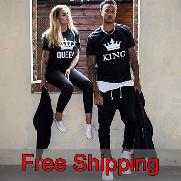 Couple Summer Funny Couple Women T-Shirts KING QUEEN Letter Printed T-shirts Couples Lovers Cotton short sleeve O Neck Tops - Boom Boom London