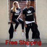 Couple Summer Funny Couple Women T-Shirts KING QUEEN Letter Printed T-shirts Couples Lovers Cotton short sleeve O Neck Tops - Boom Boom London