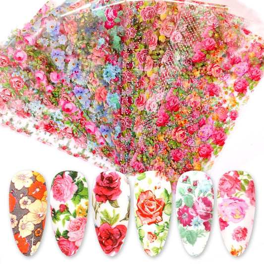 10 Pcs Rose Flowers Nail Foils Tropical Leaves Colorful Nail Decals Transfer Decorations Sets for Manicuring DIY Sticker Slide - Boom Boom London