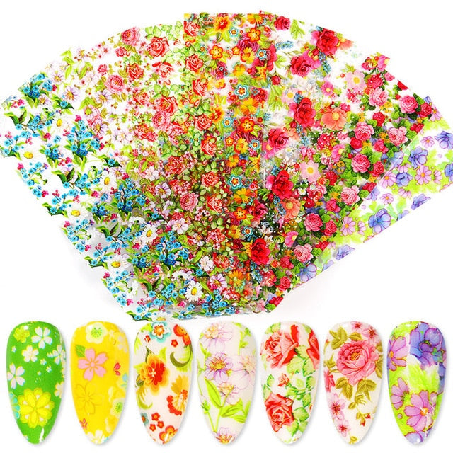 10 Pcs Rose Flowers Nail Foils Tropical Leaves Colorful Nail Decals Transfer Decorations Sets for Manicuring DIY Sticker Slide - Boom Boom London