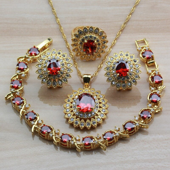 Dubai Yellow Gold Color Big Jewelry Sets Wedding Accessories Women Red Garnet Zircon Clip Earring And Necklace Bridal Sets - Boom Boom London