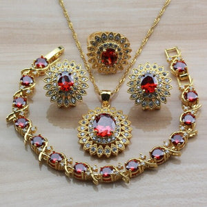 Dubai Yellow Gold Color Big Jewelry Sets Wedding Accessories Women Red Garnet Zircon Clip Earring And Necklace Bridal Sets - Boom Boom London