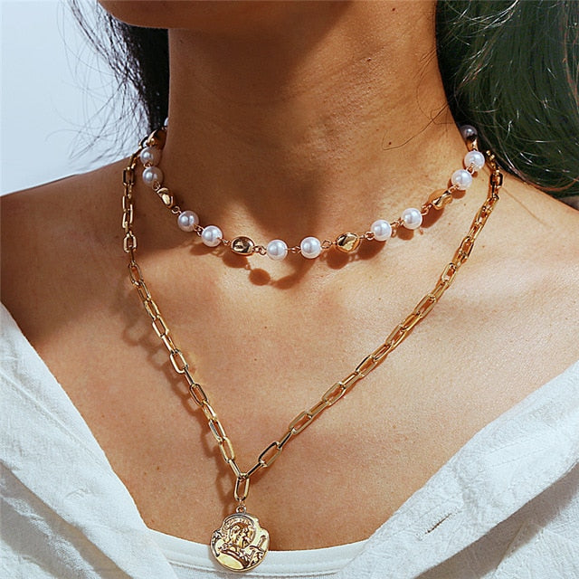 17KM Vintage Pearl Necklaces For Women Fashion Multi-layer Shell Knot Pearl Chain Necklace 2020 NEW Coin Cross Choker Jewelry - Boom Boom London