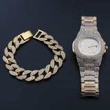 Necklace+Watch+Bracelet Hip Hop Miami Curb Cuban Chain Gold Silver Color Iced Out Rhinestones CZ Bling Rapper Jewelry For Men - Boom Boom London