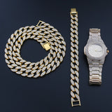 Necklace+Watch+Bracelet Hip Hop Miami Curb Cuban Chain Gold Silver Color Iced Out Rhinestones CZ Bling Rapper Jewelry For Men - Boom Boom London