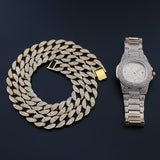 Necklace+Watch+Bracelet Hip Hop Miami Curb Cuban Chain Gold Silver Color Iced Out Rhinestones CZ Bling Rapper Jewelry For Men - Boom Boom London