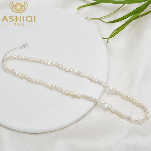 ASHIQI 4-5mm Natural Freshwater Pearl Choker Necklace Baroque pearl Jewelry for Women with 925 Silver Clasp Wholesale - Boom Boom London