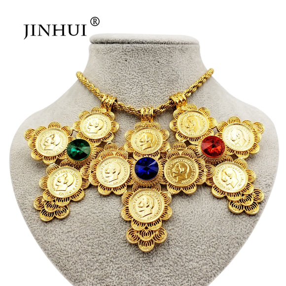 Dubai New Fashion jewelry Gold Color chain length 50cm Pendant custom Necklace Women/Men 1913 Head portrait Coin blue red stone - Boom Boom London