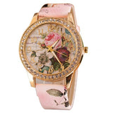 HOT SALES!!! Women Rhinestone Inlaid Flower Round Dial Faux Leather Band Quartz Wrist Watch Fashion Quartz Wrist Watch Women - Boom Boom London