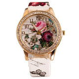 HOT SALES!!! Women Rhinestone Inlaid Flower Round Dial Faux Leather Band Quartz Wrist Watch Fashion Quartz Wrist Watch Women - Boom Boom London