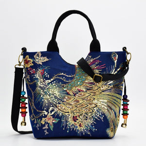 Women Shoulder Bag Handmade Embroidery Peacock Bohemia Ethnic Style Retro Handbag Large Capacity Tote Messenger Bag for Girl - Boom Boom London