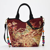 Women Shoulder Bag Handmade Embroidery Peacock Bohemia Ethnic Style Retro Handbag Large Capacity Tote Messenger Bag for Girl - Boom Boom London