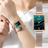 Gaiety Brand Women Watches Fashion Square Ladies Quartz Watch Bracelet Set Green Dial Simple Rose Gold Mesh Luxury Women Watches - Boom Boom London