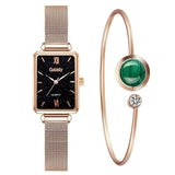 Gaiety Brand Women Watches Fashion Square Ladies Quartz Watch Bracelet Set Green Dial Simple Rose Gold Mesh Luxury Women Watches - Boom Boom London