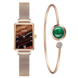 Gaiety Brand Women Watches Fashion Square Ladies Quartz Watch Bracelet Set Green Dial Simple Rose Gold Mesh Luxury Women Watches - Boom Boom London