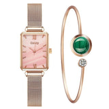 Gaiety Brand Women Watches Fashion Square Ladies Quartz Watch Bracelet Set Green Dial Simple Rose Gold Mesh Luxury Women Watches - Boom Boom London