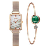 Gaiety Brand Women Watches Fashion Square Ladies Quartz Watch Bracelet Set Green Dial Simple Rose Gold Mesh Luxury Women Watches - Boom Boom London