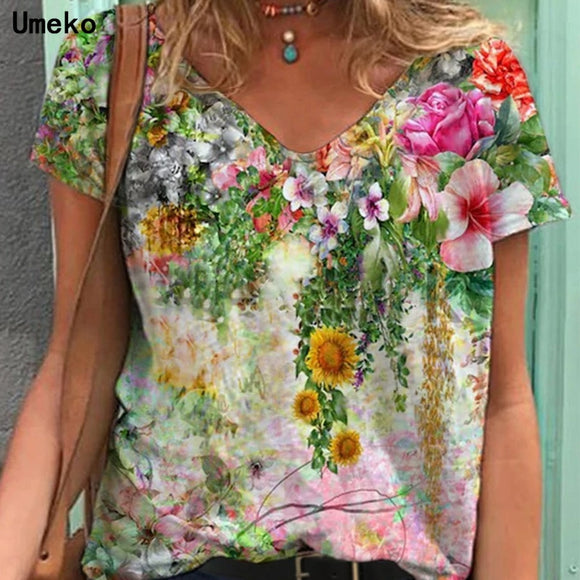 Graphic Tee Shirts Clothing Plus Size 5XL Summer New Fashion Women V-neck Flower Print Short Sleeve Casual Loose T-shirt Y2k Top - Boom Boom London