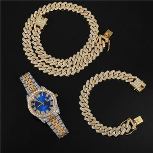 Deal For Najma Doha Qatar Hip Hop 13.5MM 3PCS KIT Heavy Watch+Prong Cuban Necklace+Bracelet Bling Crystal AAA+ Iced Out Rhinestones Chains For Men Jewelry - Boom Boom London