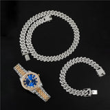 Deal For Najma Doha Qatar Hip Hop 13.5MM 3PCS KIT Heavy Watch+Prong Cuban Necklace+Bracelet Bling Crystal AAA+ Iced Out Rhinestones Chains For Men Jewelry - Boom Boom London