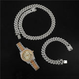 Deal For Najma Doha Qatar Hip Hop 13.5MM 3PCS KIT Heavy Watch+Prong Cuban Necklace+Bracelet Bling Crystal AAA+ Iced Out Rhinestones Chains For Men Jewelry - Boom Boom London